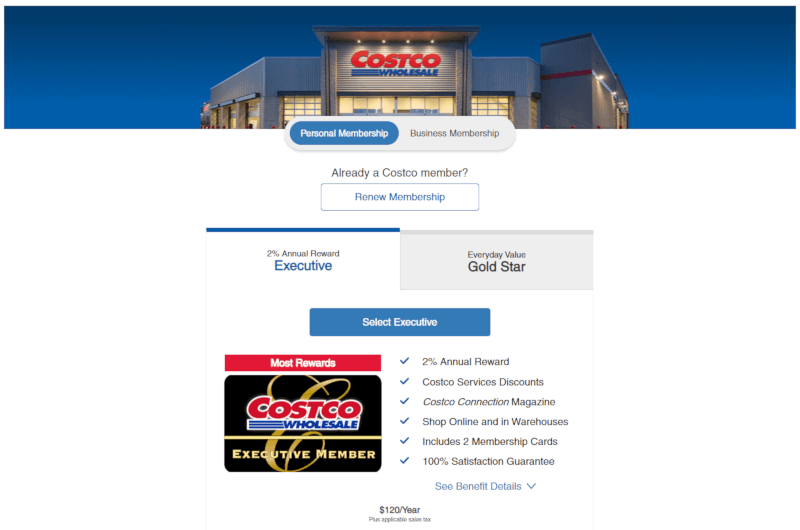 Costco membership choice screenshot