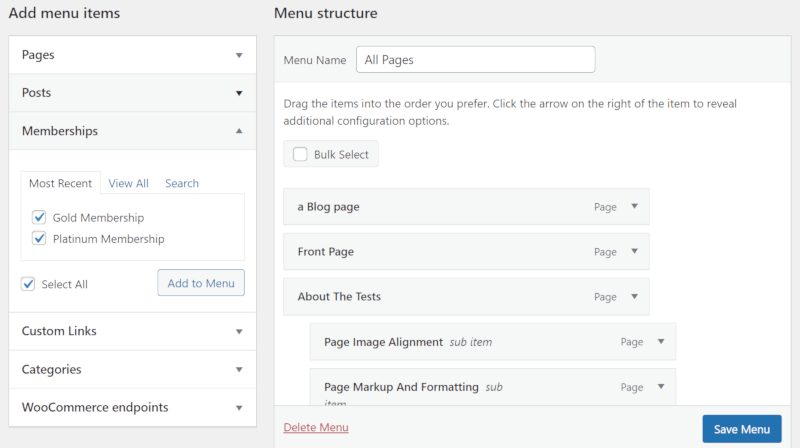 Screenshot of WordPress menus to manage menu items