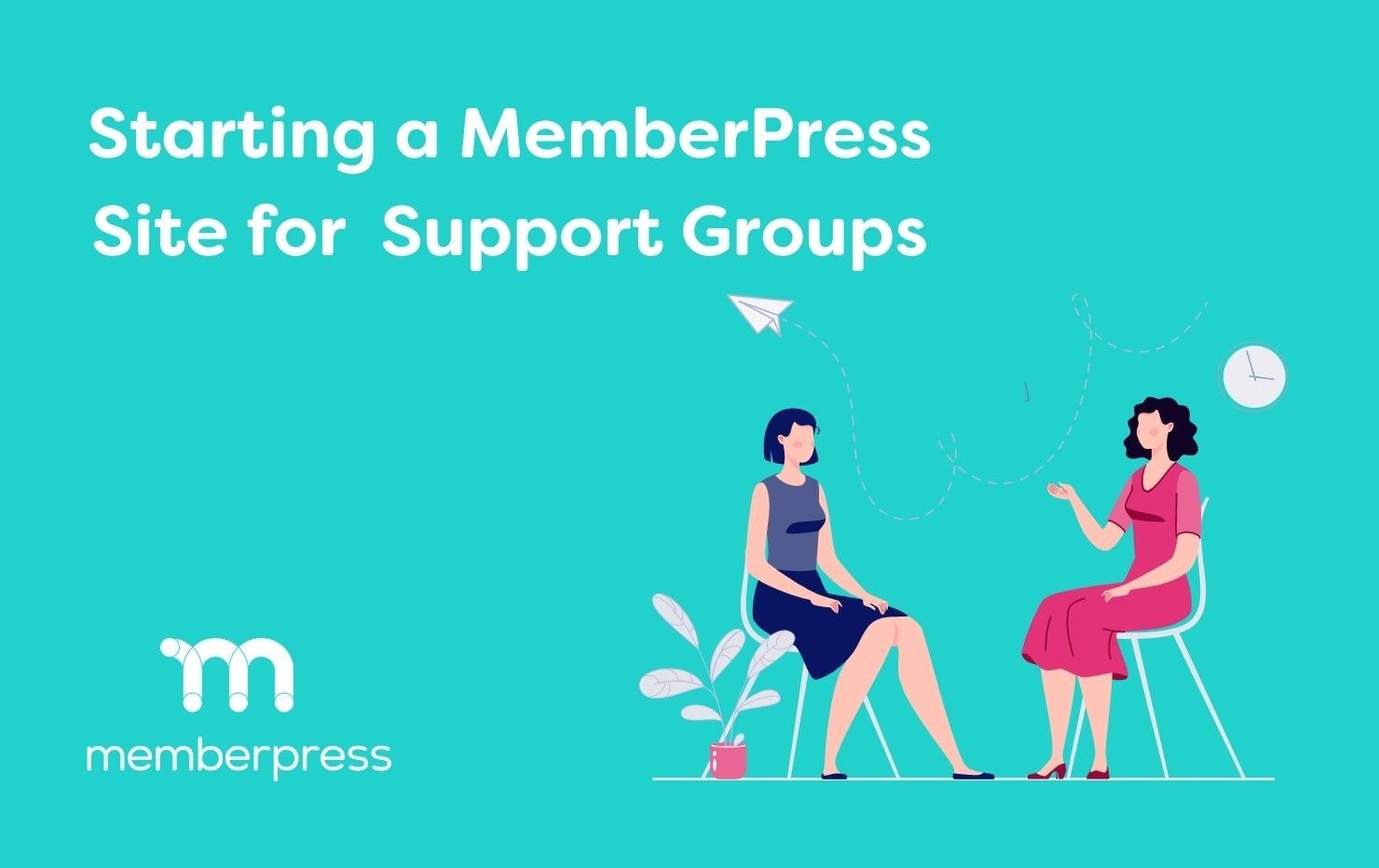 Two people sit and talk. Text beside reads "Starting a MemberPress site for Support Groups".