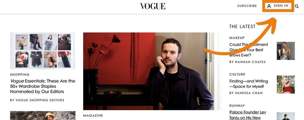 Screenshot of Vogue website demonstrating where the sign in login buttons are located. 