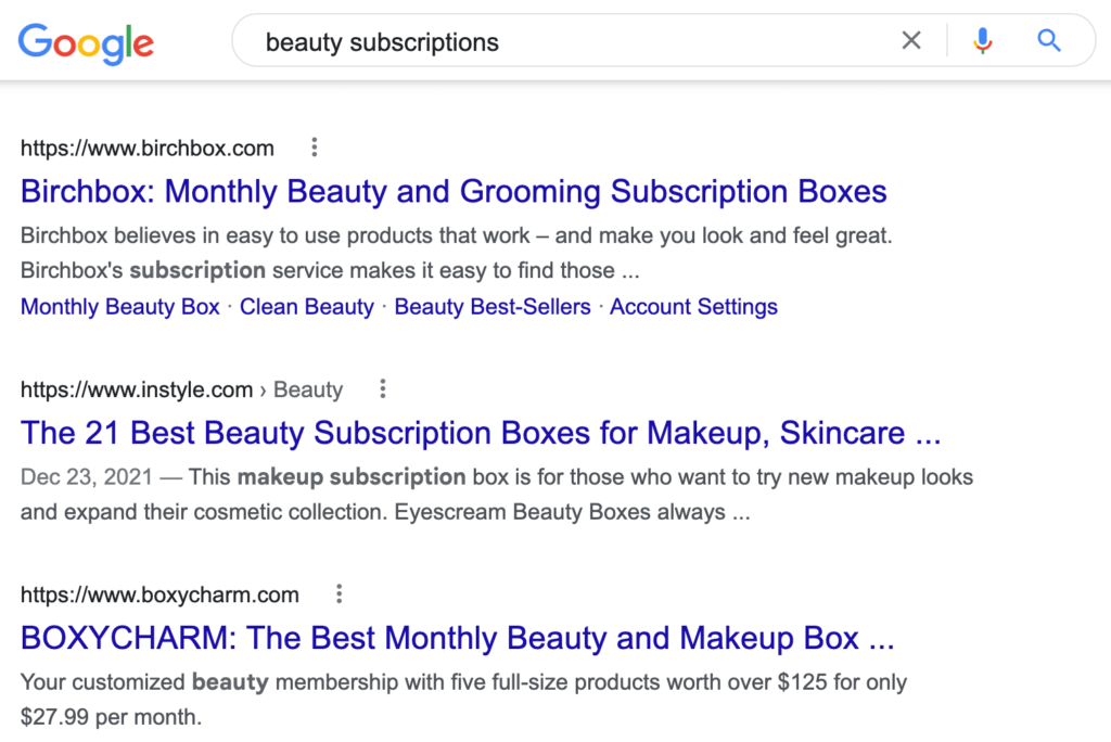 The results page for a beauty subscriptions search in Google