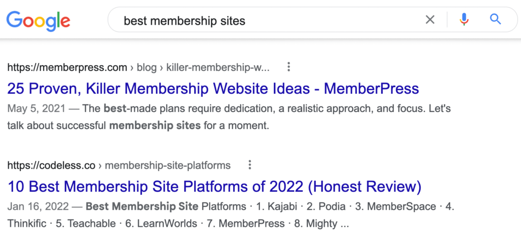 The results page for a best membership sites search in Google