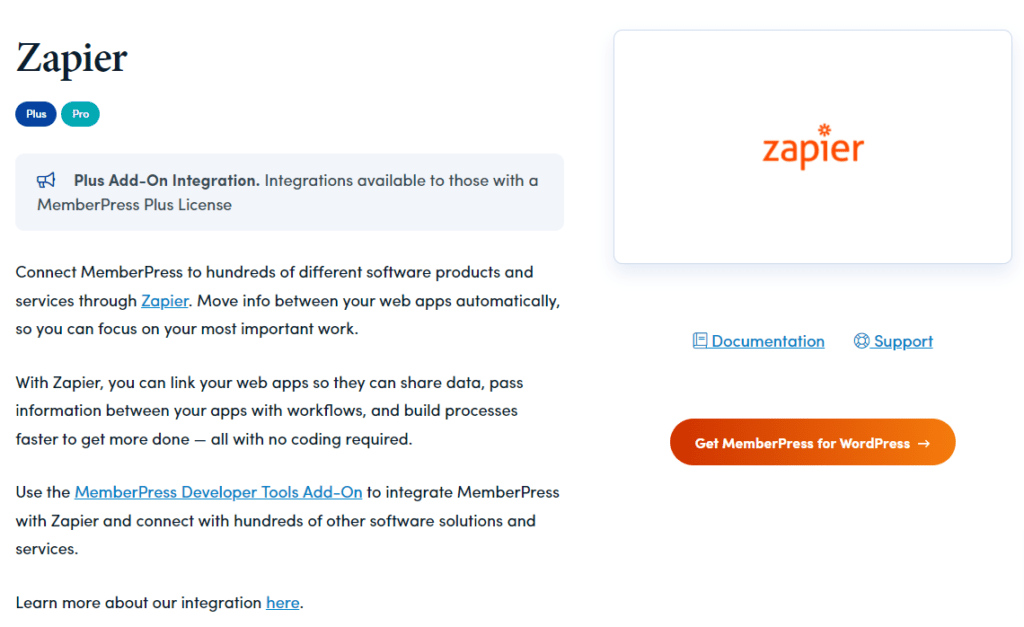 Zapier integration page on the new MemberPress website 
