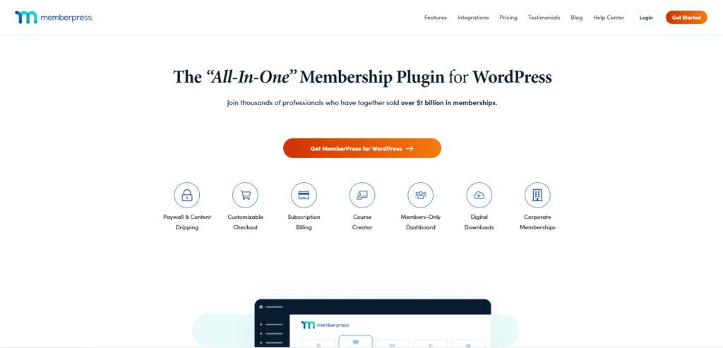 A screenshot of MemberPress's homepage, the firs step to convert your site to a membership model.