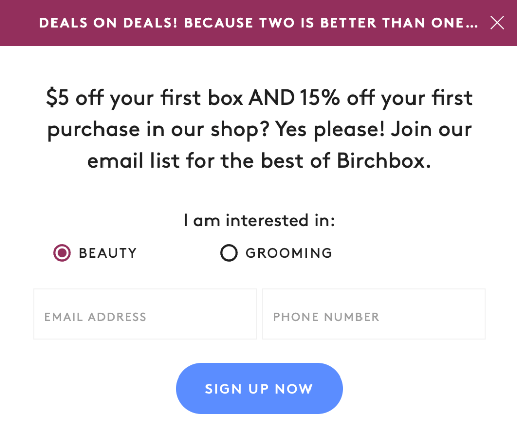 Formulaire d'opt-in BirchBox avec off et une réduction 15%.