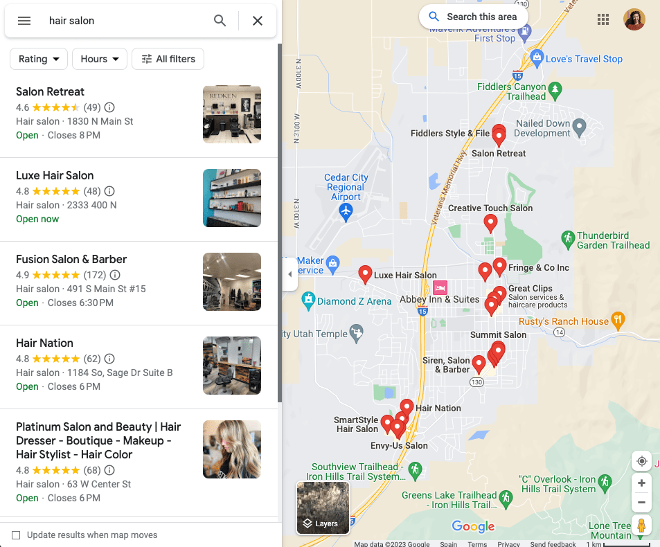 Hair salon locations as shown on Google