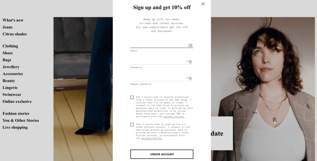 Popup opt-in form for Everlane.