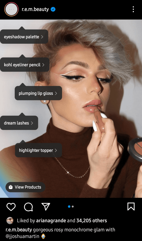 r.e.m beauty Instagram post of a user make-up look with products linked