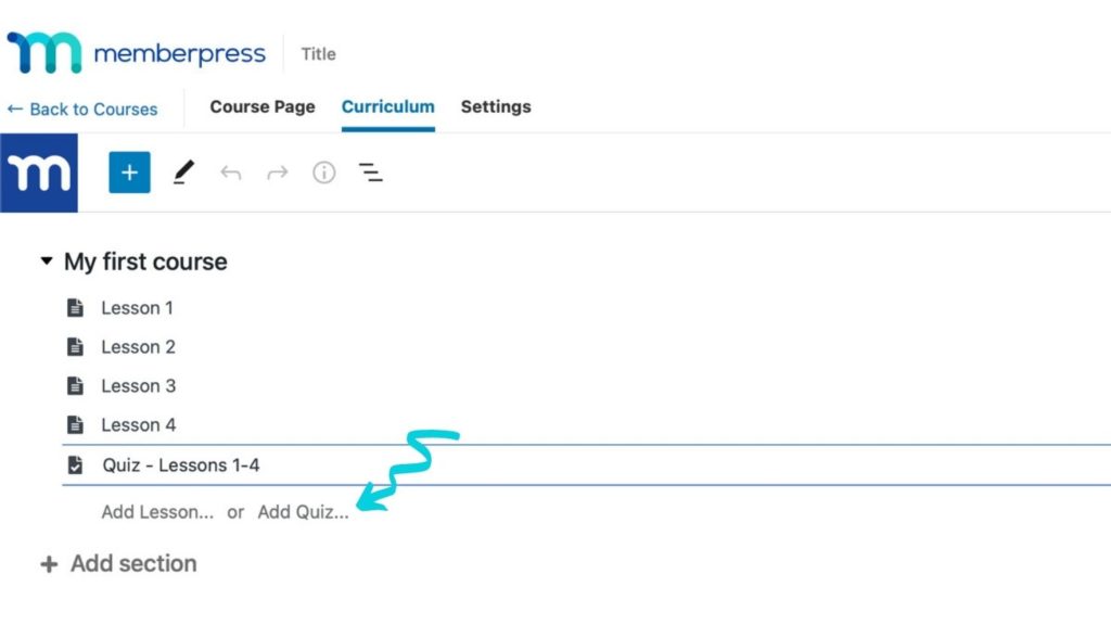 Añadir un cuestionario a una lección en el Curriculum Builder de los Cursos MemberPress