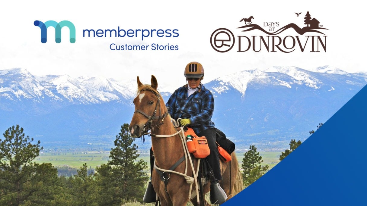 A woman is riding a horse in front of a mountainous landscape. Text at the top reads "MemberPress Customer Stories", accompanied by the Days at Dunrovin logo.