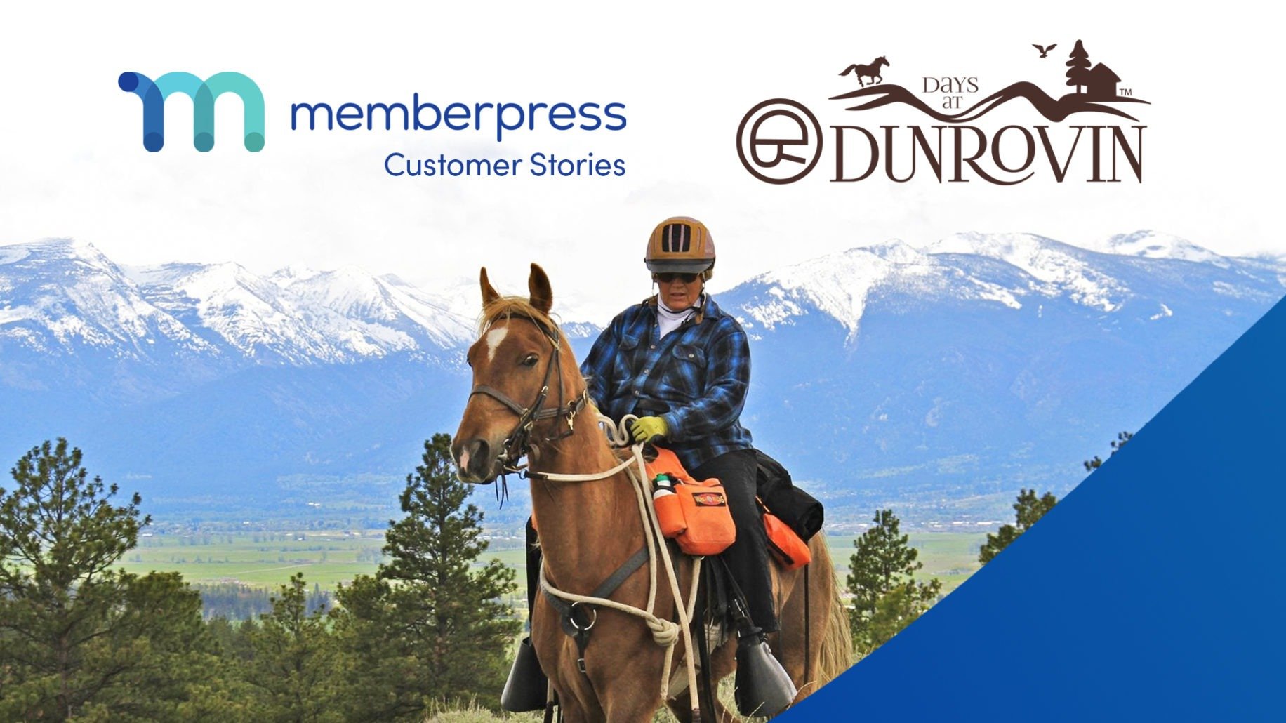 A woman is riding a horse in front of a mountainous landscape Text at the top reads MemberPress Customer Stories accompanied by the Days at Dunrovin logo