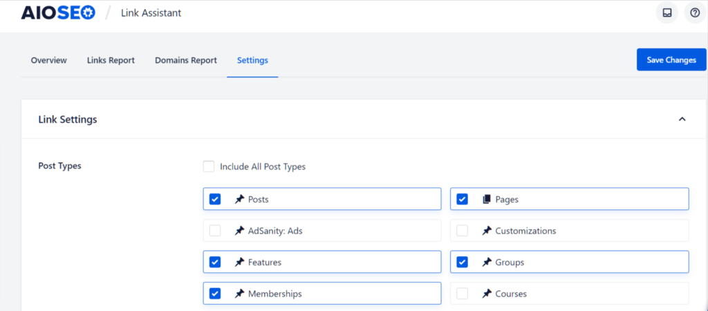 AIOSEO Link Assistant settings