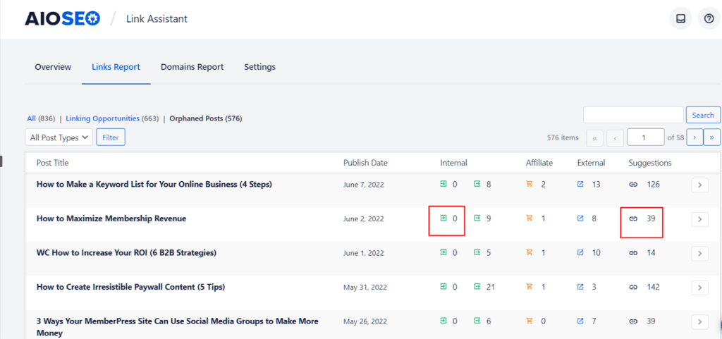 AIOSEO Link Assistant Links Report with suggestions