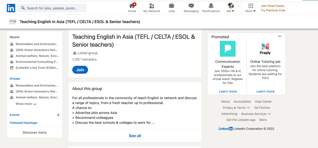 Screenshot of Teaching English in Asia LinkedIn group