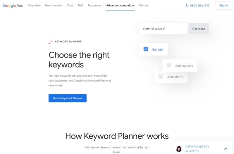 Screenshot from the Google Keyword Planner homepage
