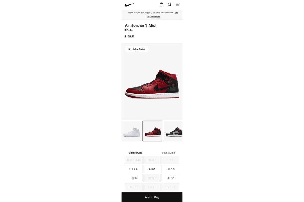 Um layout móvel simples da Nike