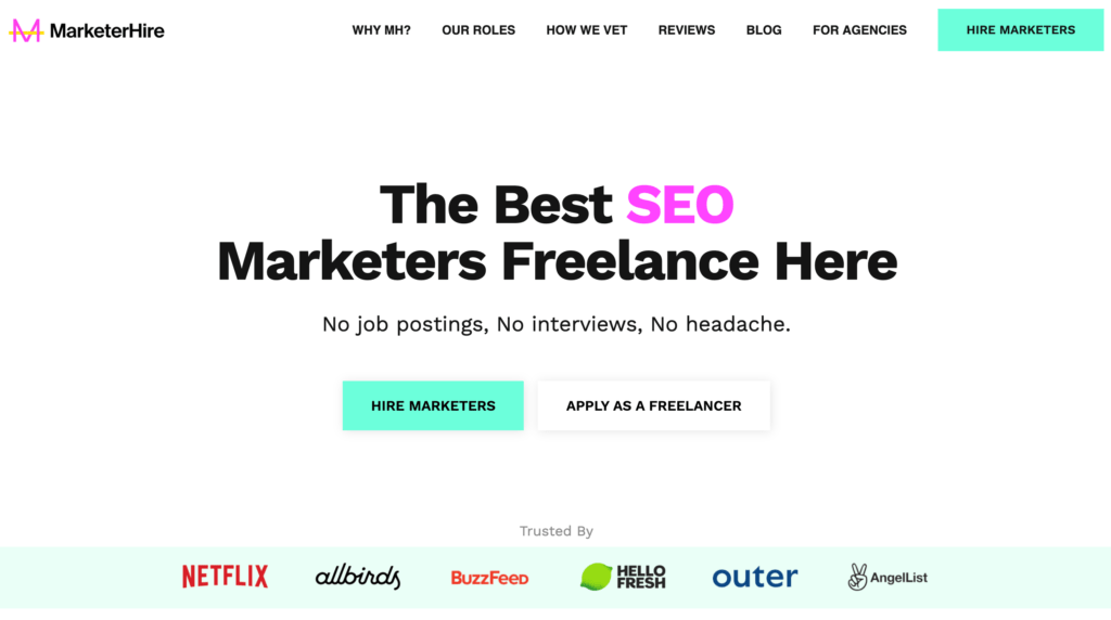 MarketerHire homepage where you can hire SEO experts