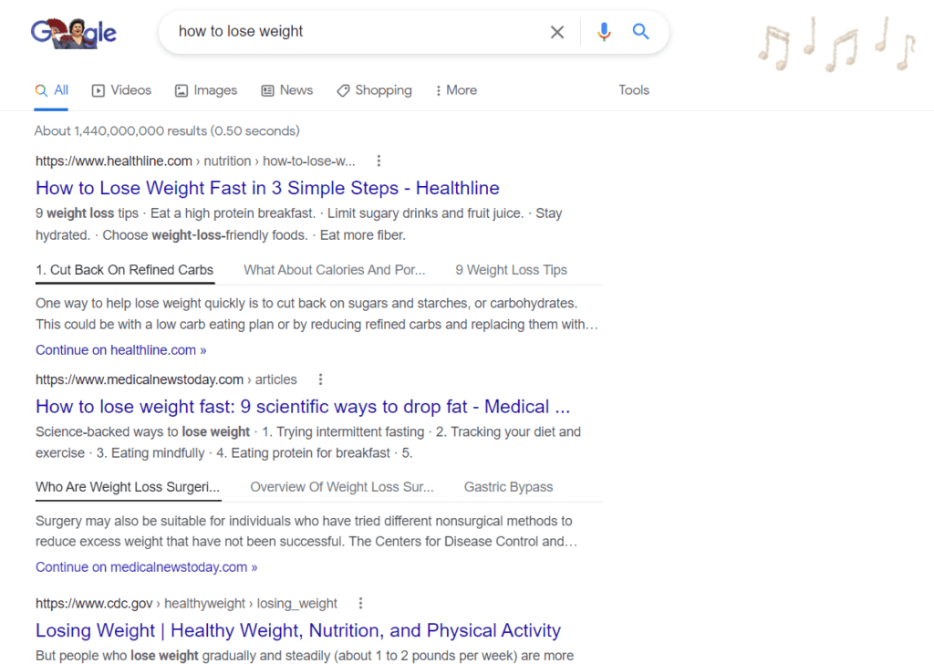 A Google search for how to lose weight