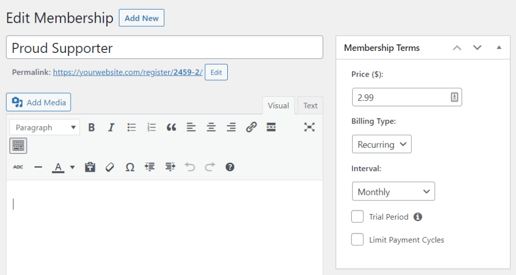 Edición de los términos de afiliación en MemberPress