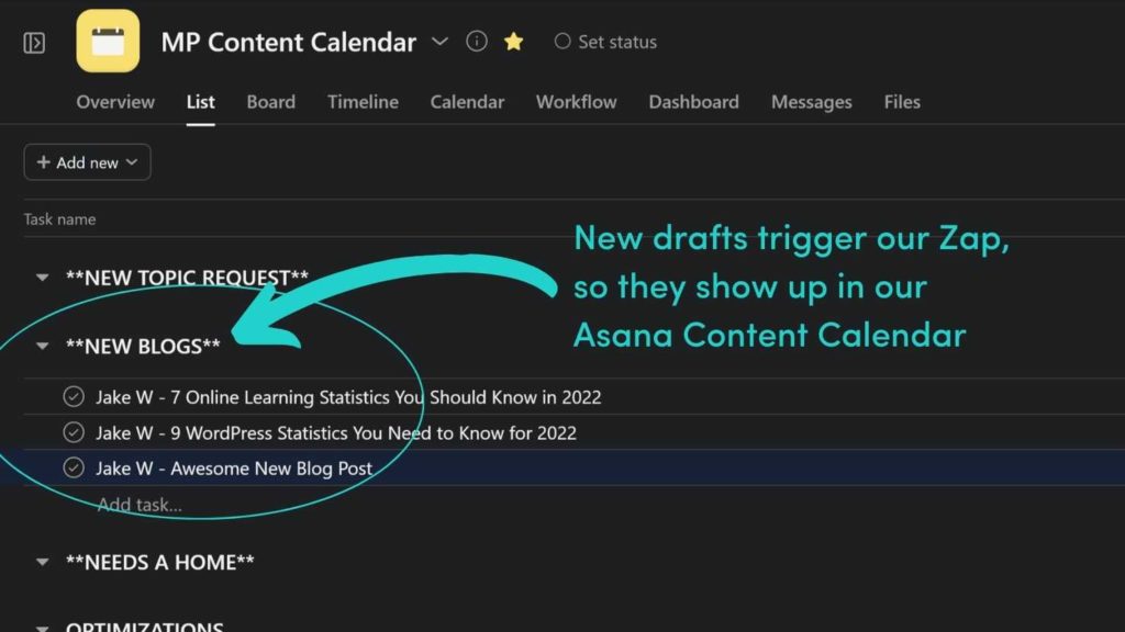 Zapier triggers new drafts to show up in the Asana Content Calendar
