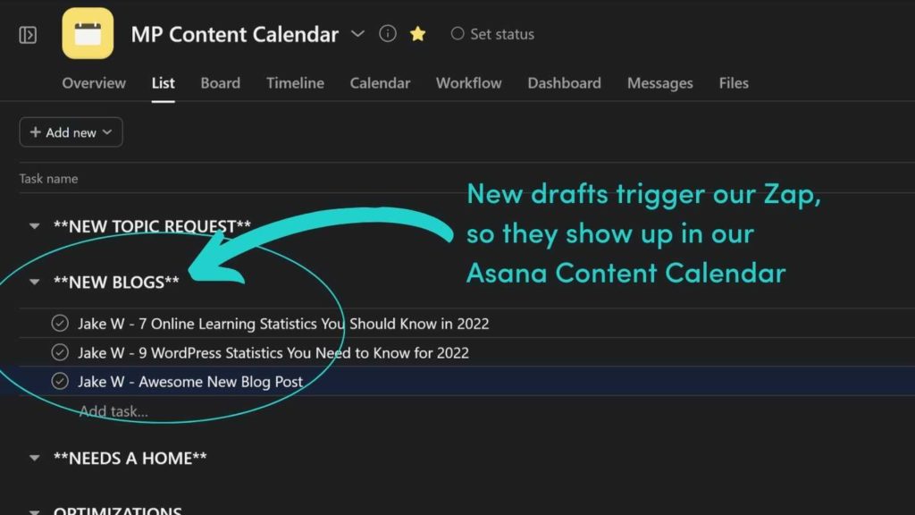 Zapier hace que los nuevos borradores aparezcan en el calendario de contenidos de Asana