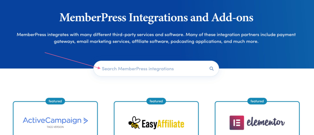 Search field on the MemberPress Integrations page