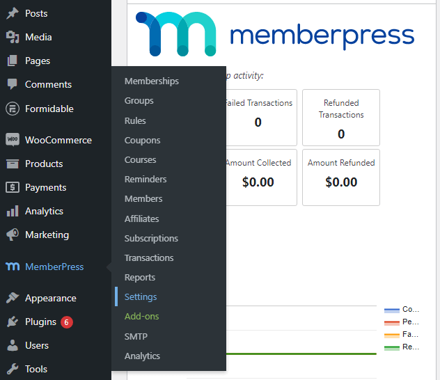 MemberPress Settings tab dashboard