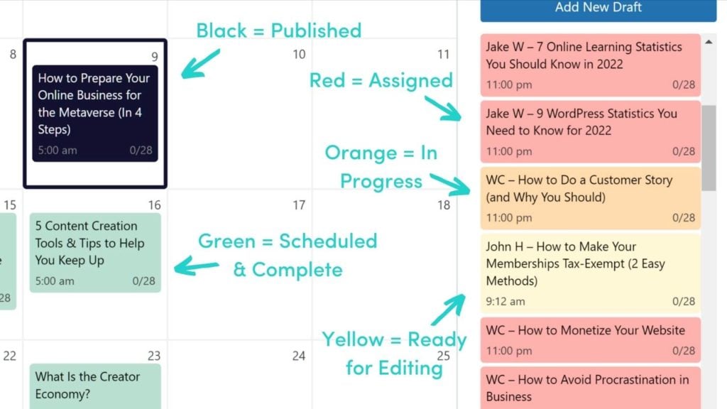 Screenshot of Strive Content Calendar post type colors