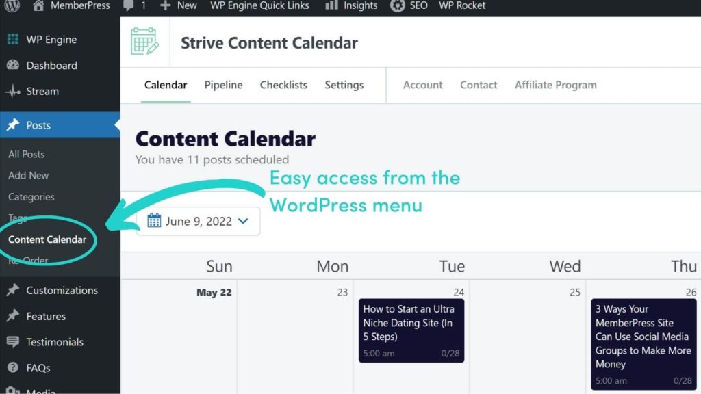 Strive Content Calendar WordPress menu item
