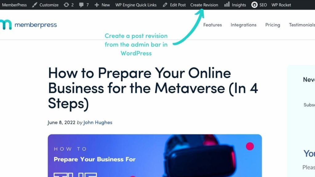 create a post revision from the WordPress admin bar with Strive