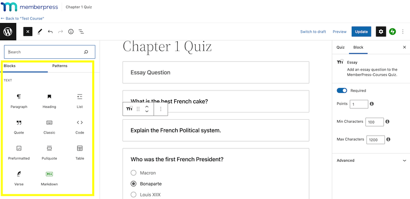 Hinzufügen neuer Blöcke zum Quiz im Block-Editor.