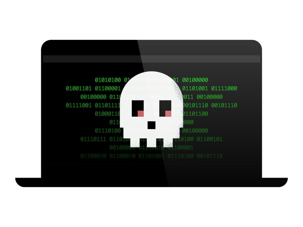illustration of computer screen with death skull
