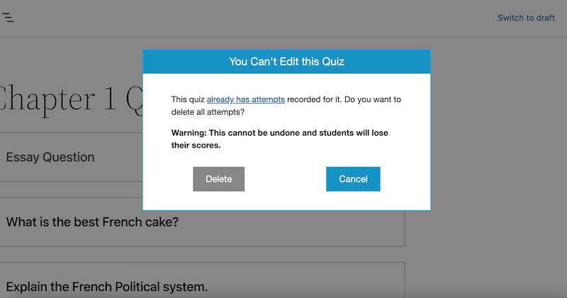 The You Can't Edit this Quiz popup window