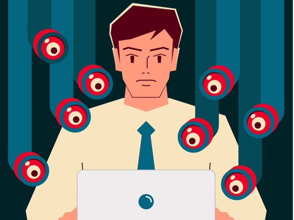 illustration of a handsome man using laptop and being watched