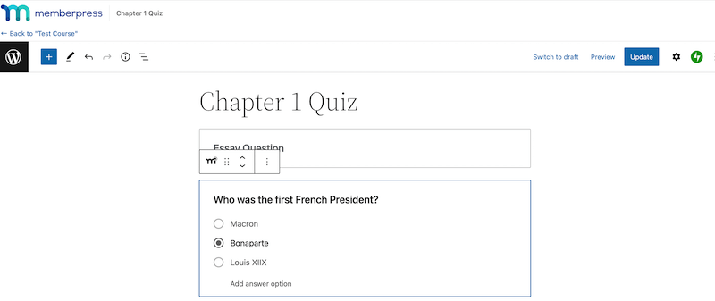 Creating a multiple choice question. 