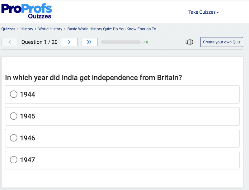 ProProfs Quizzes zu Geschichte Multiple-Choice-Fragen. 