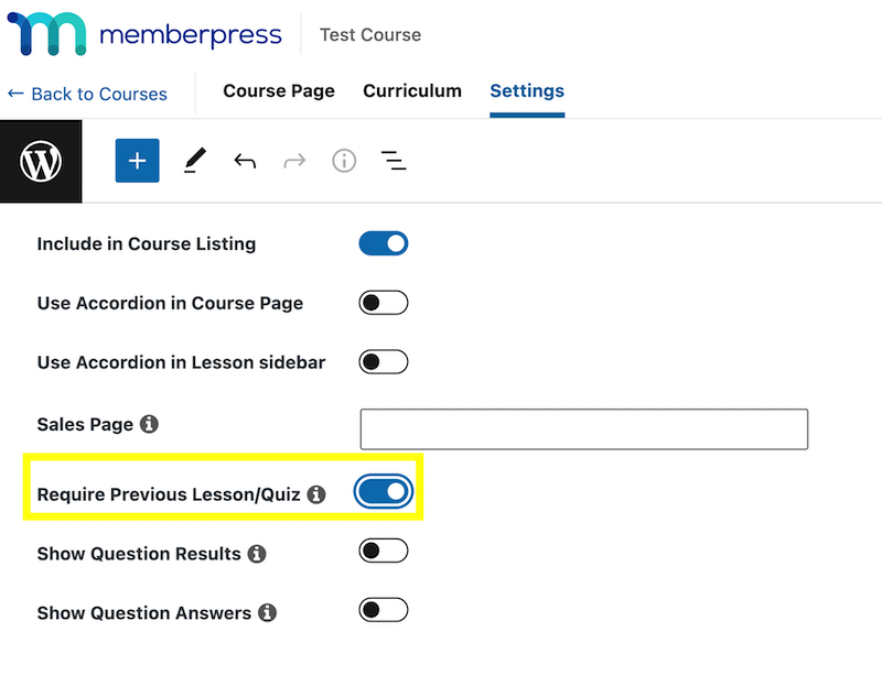 Require Previous Lesson/Quiz toggle. 
