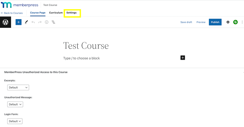 Registerkarte Einstellungen auf der MemberPress-Kursseite.