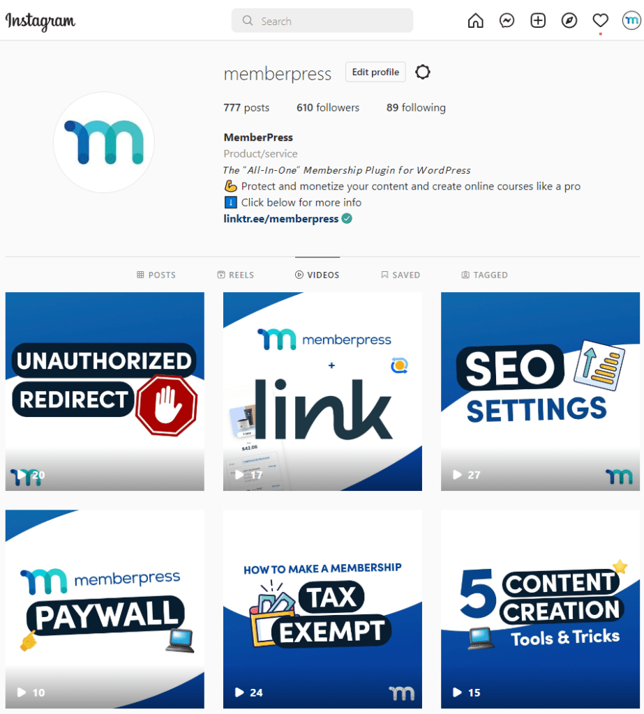 MemberPress Coleção de vídeos do Instagram 