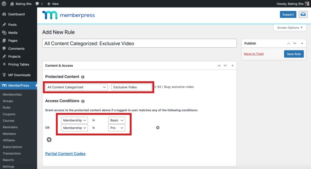 Creating a MemberPress Rule.