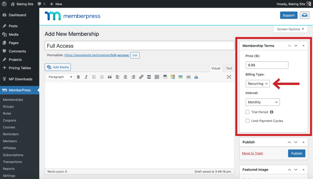 Creating a recurring membership in MemberPress.