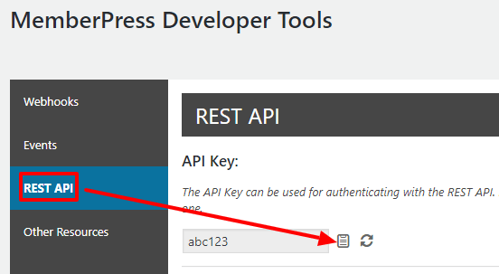 Screenshot showing where to find the REST API in MemberPress Developer Tools