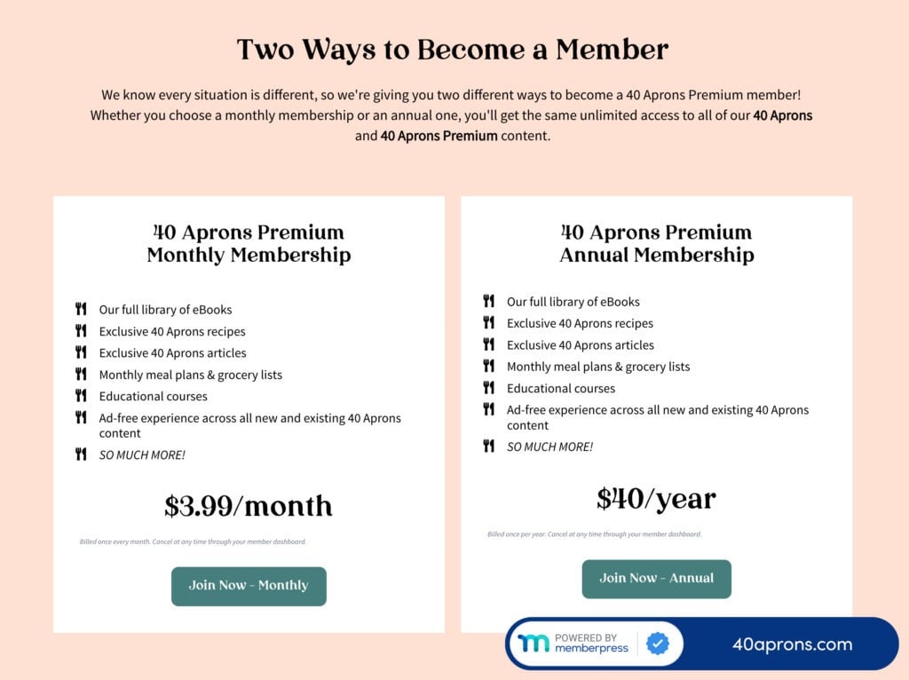 40 Aprons Premium memberships