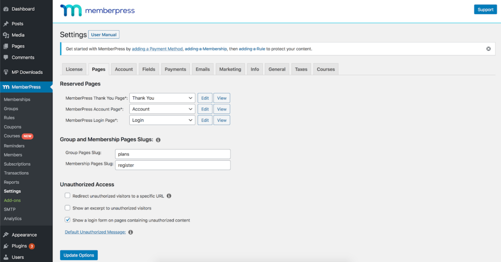 Check login form box under Unauthorized Access