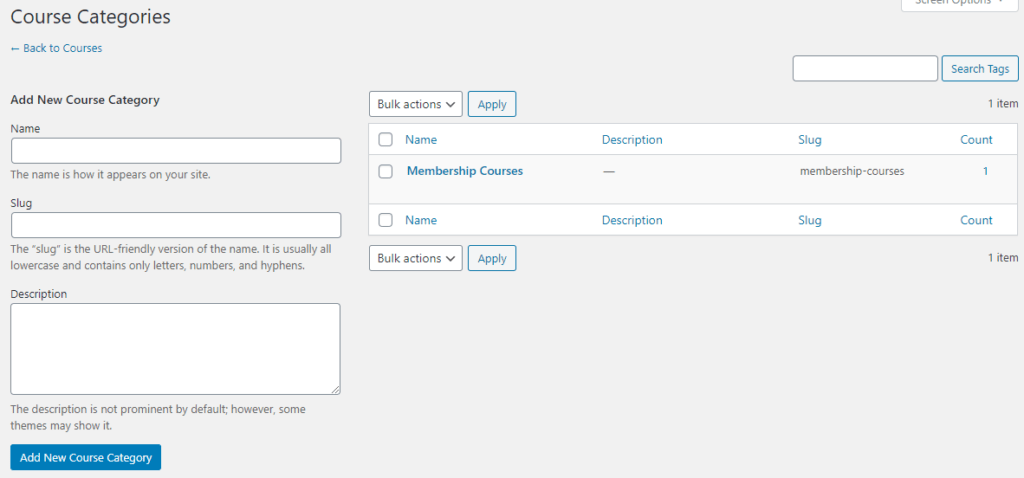 MemberPress Courses categories