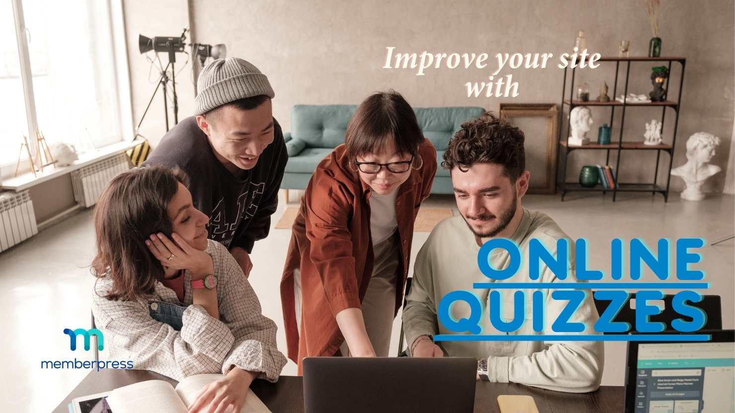 Text reads "improve your site with online quizzes". The memberpress logo is present.