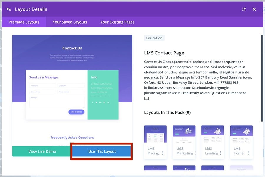 LMS Layout pack contact page selection in DIVI