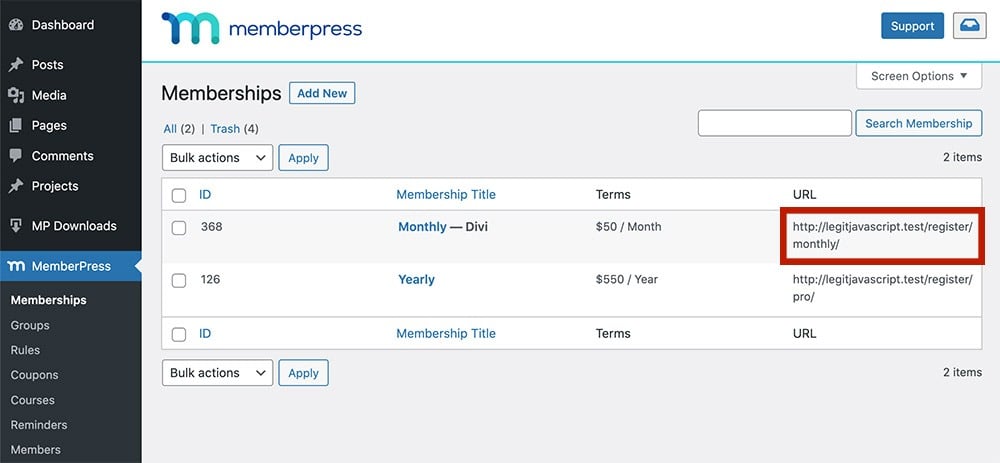 Memberships page on the backend of MemberPress