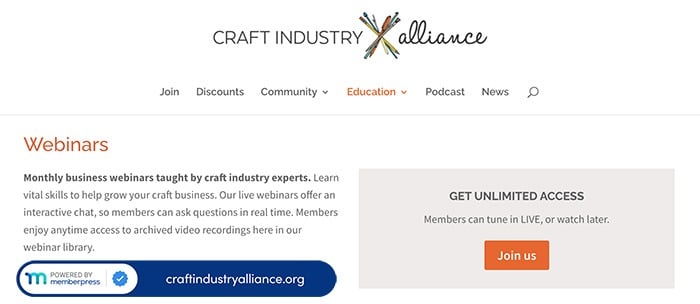Craft Industry Alliance webinars page