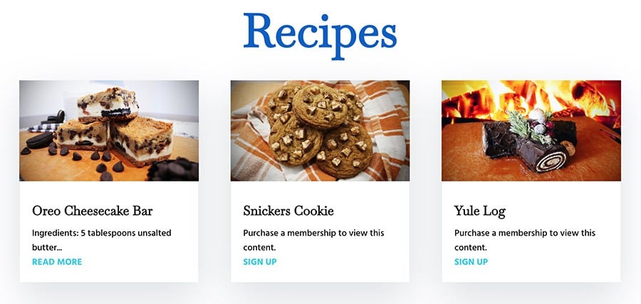 Recipes page with specific recipe previews protected with a MemberPress rule inside DIVI